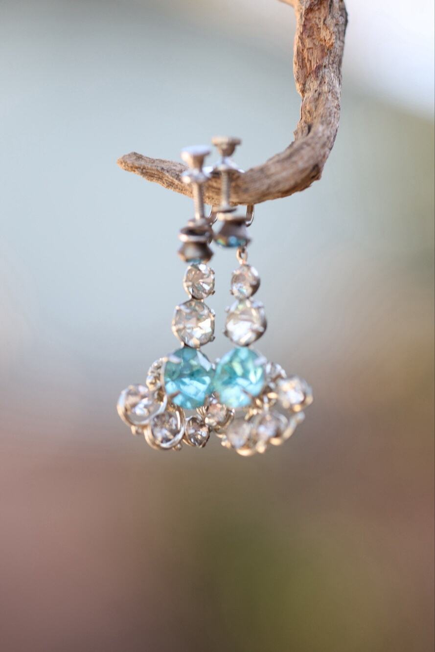 Vintage Aqua Rhinestone Screwback Dangle Earrings Mid Century Silver Tone